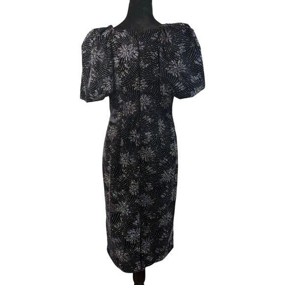 Vintage 90s Essence Black Puff Sleeve Dress M/L Glitter Fireworks Heart Neck - Picture 2 of 6